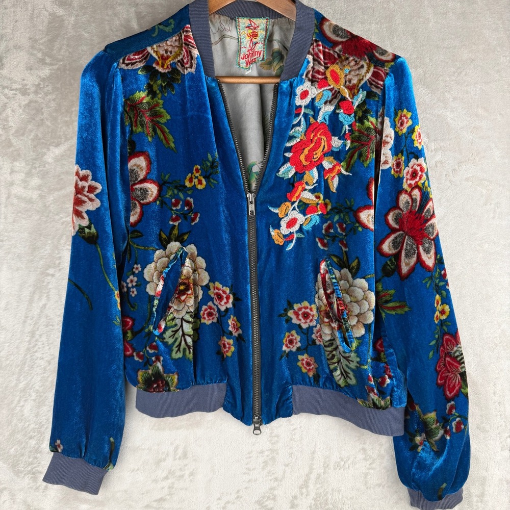 Johnny Was Royal Blue Velvet Floral Embroidered Bomber Jacket XS Zip Up ++AS IS